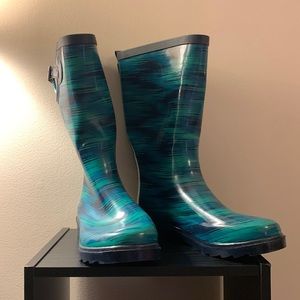 Blue Patterned Tall Rain Boots
